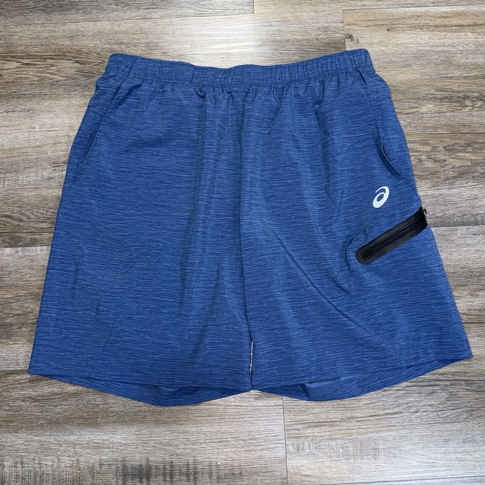 ASICS Athletic Running Shorts Mens L Blue Heathered Elastic Waistband Zip Pocket